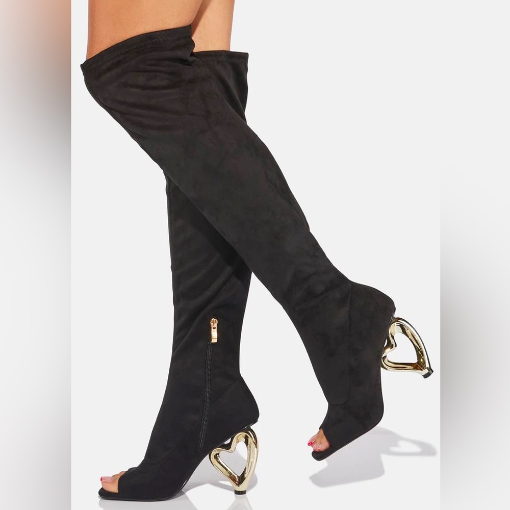 YOKI Over The Knee Stretch Peep Toe Boots Heart Shaped Heel Zip Up Black Size 7